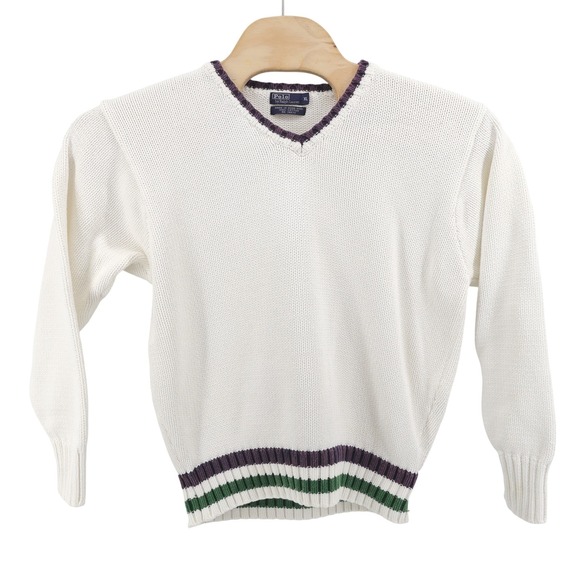 Vintage Polo Ralph Lauren Cricket V-Neck White Green Purple Trim Sweater Mens XL